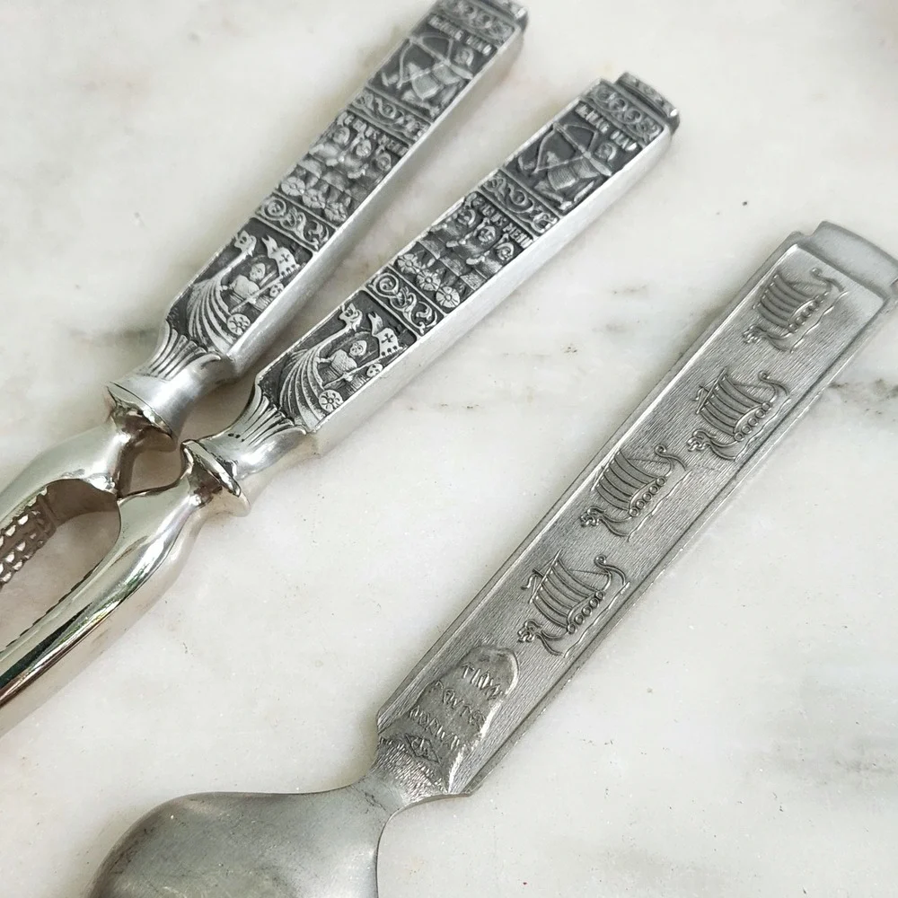 Vintage Heilag‎ Olav Pewter Norway Viking Nutcracker Spoon Set Norse Boat Motif
